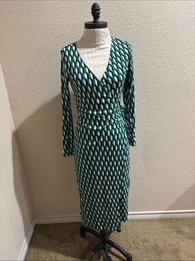 Diane Von Furstenberg Green and Teal Geometric Wrap Dress
